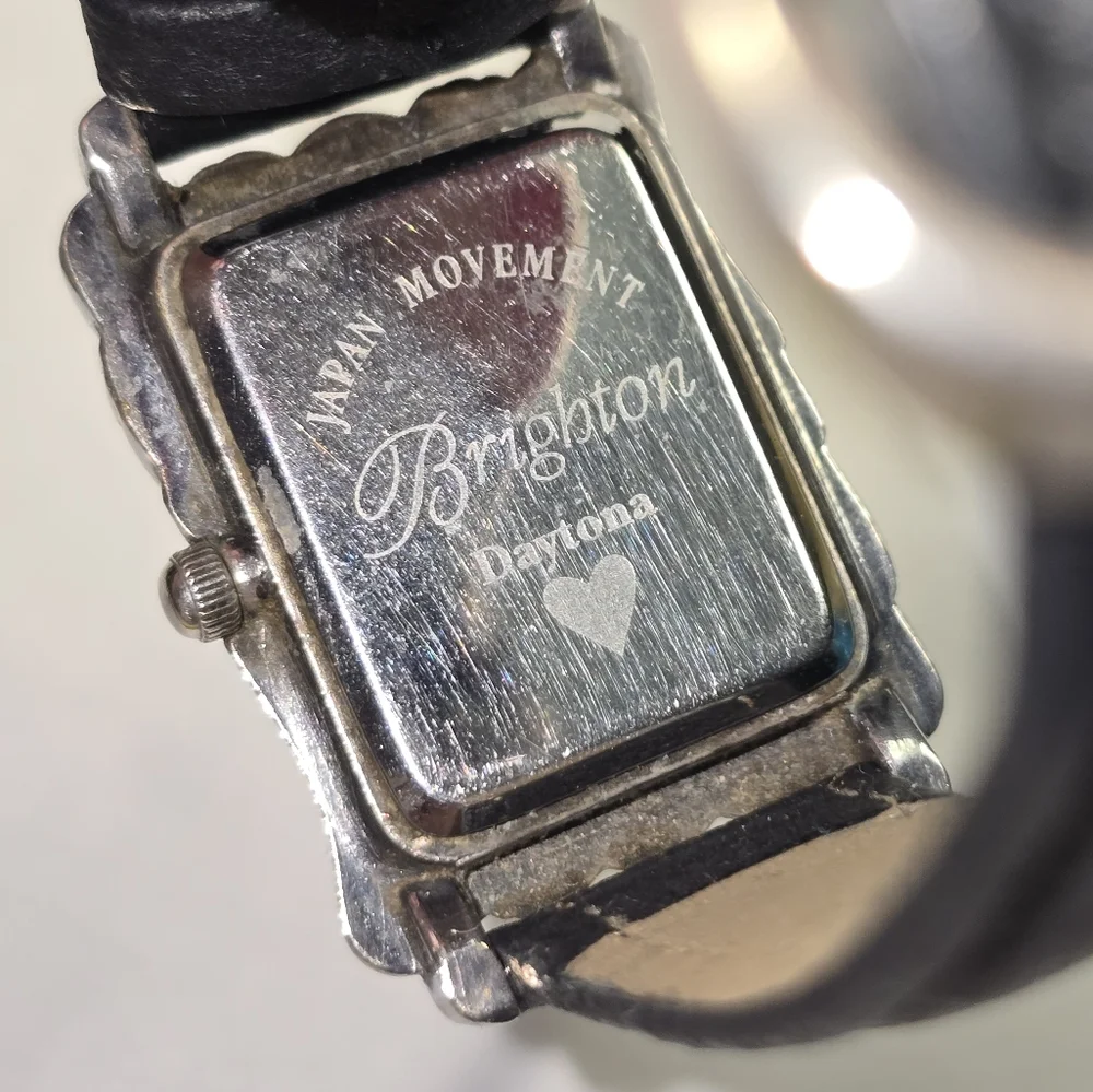 Brighton Daytona Watch Silver‎ Tone Decorative Bezel Black Leather Band